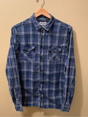 Men’s Medium Thread & Cloth Blue White Plaid Long Sleeve Casual Button Up Shirt